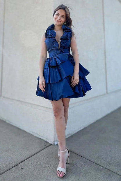 Cute A-Line Ruffle Tiered Halter Backless Ruffle Homecoming Dress