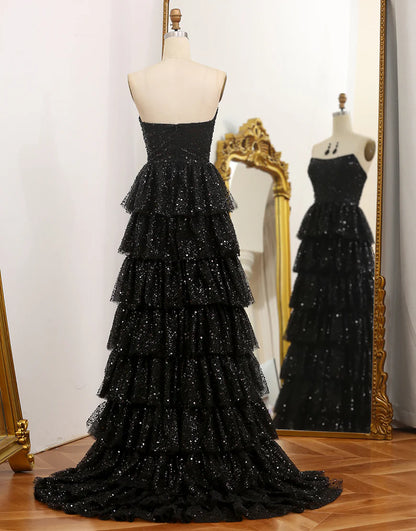 Strapless Glitter A-Line Sequins Black Tiered Prom Dress with Slit