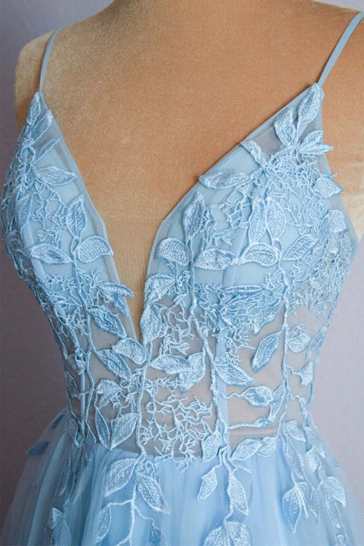 A-Line Princess Light Blue Floor-length Prom Dress Ballgown with Appliques