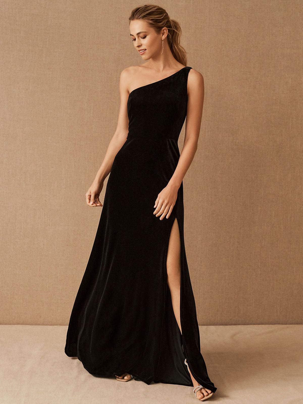 A-Line One-Shoulder Velvet Floor-Length Split Front Formal Evening Dresses Wedding Guest Dresses