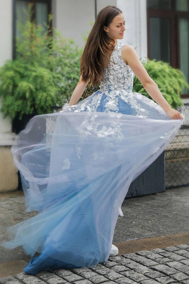 A-Line Princess Blue Appliques V-neck Tulle Prom Dress with Slit