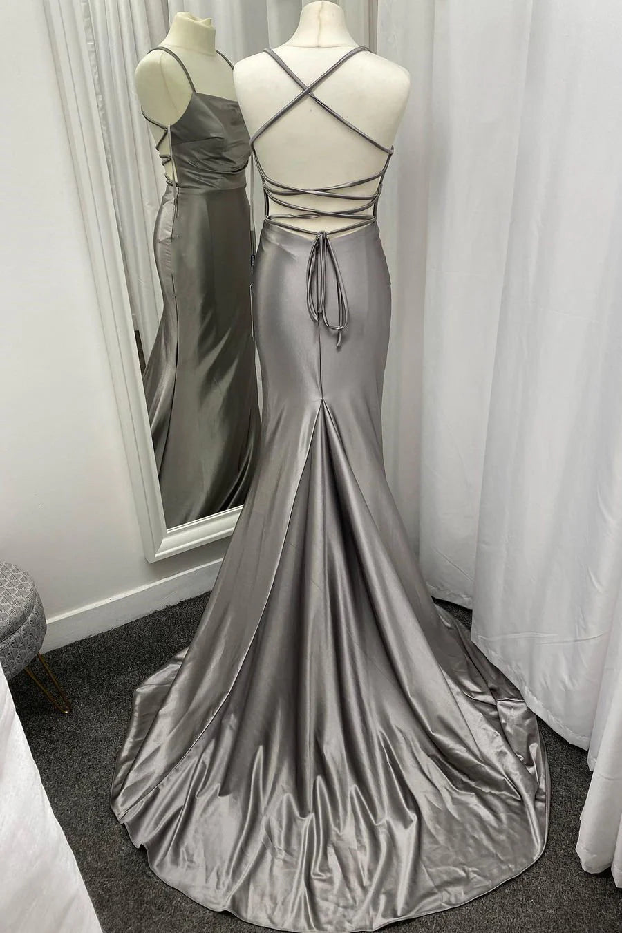 Criss Cross Back Grey Satin Long Prom Dress Court Train Dresses