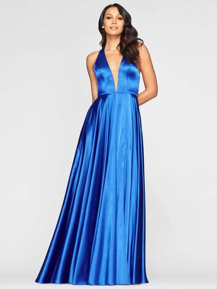 A-Line V-Neck Satin Halter Sleeveless Evening Dresses Long Wedding Guest Dresses