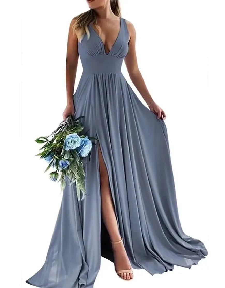 A-Line Satin Long Bridesmaid Dress Wedding Guest Party Dresses With Split