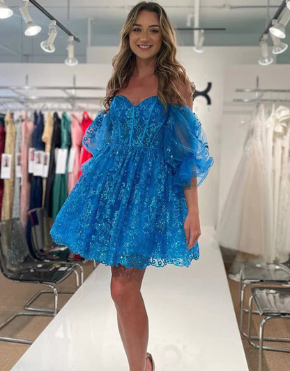 Off the Shoulder A Line Tulle Glitter Homecoming Dress with Appliques