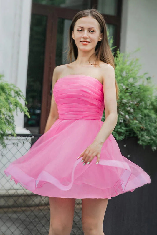 Cute A-Line Light Pink Strapless Tulle Homecoming Dress