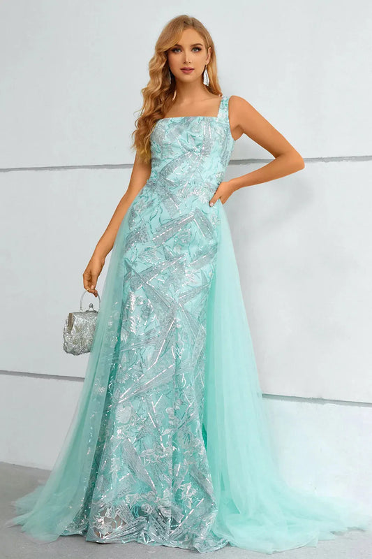 A-Line Princess Green Square Neck Mermaid Sequined Prom Dress With Detachable Train