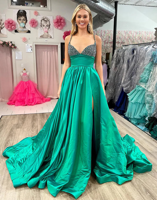 A Line V Neck Beaded Green Long Prom Dress Court Train Dresses