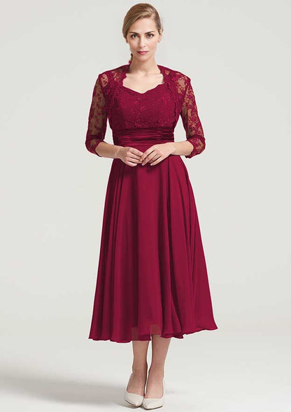 A-line Tea-Length Chiffon Mother of the Bride Dress With Jacket Lace Pleated