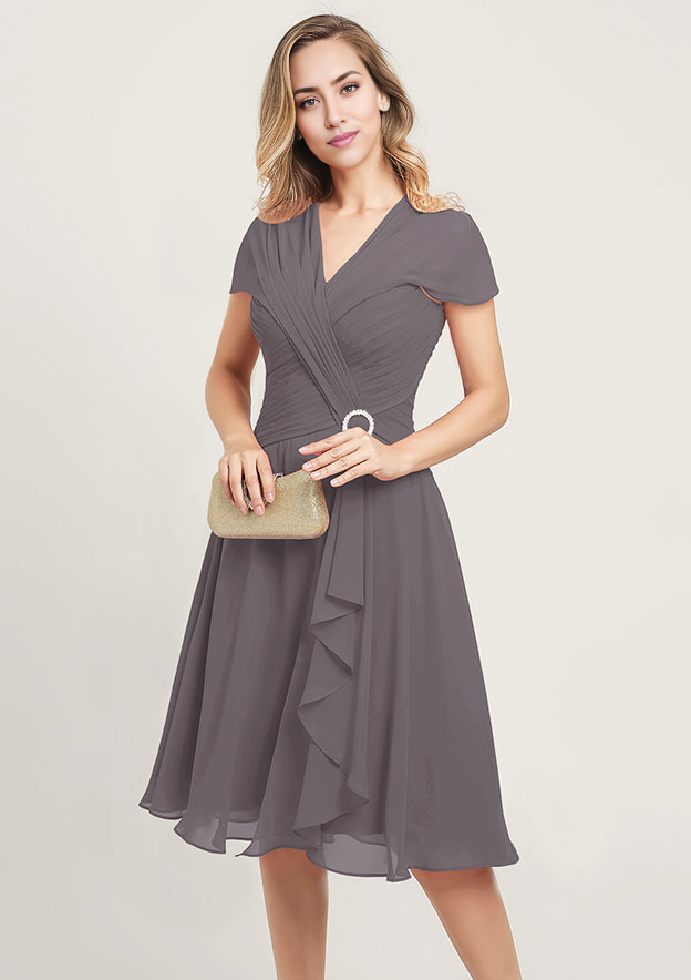 Chiffon Mother of the Bride Dress V Neck Short Sleeve With Sequins Beading Ruffles