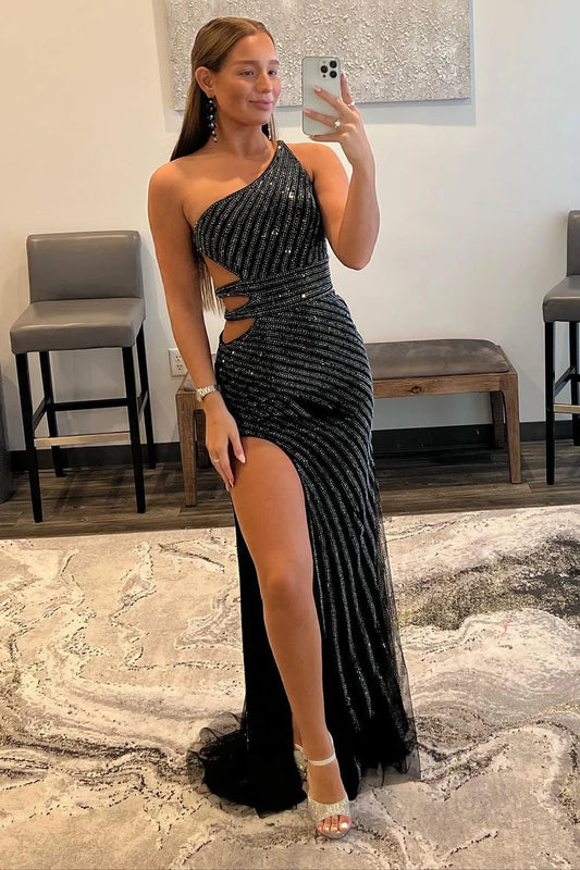 Sparkly Black One-shoulder Sequins Waist Cut-Out Prom Dress with Slit