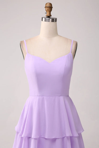 Lilac A-Line Chiffon Tier Long Dress Bridesmaid Dress With Slit