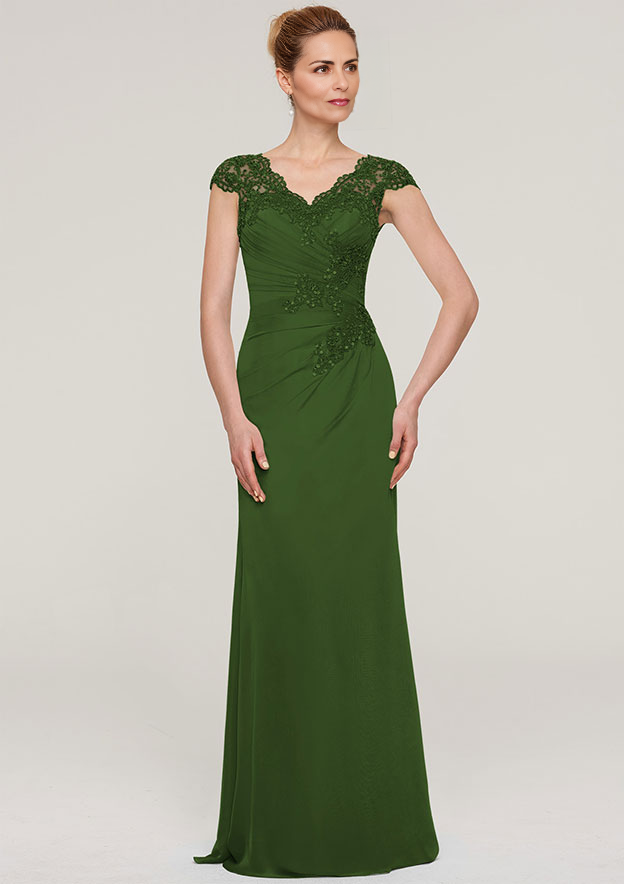 V Neck Sleeveless Chiffon Mother of the Bride Dress With Pleated Appliqued Beading