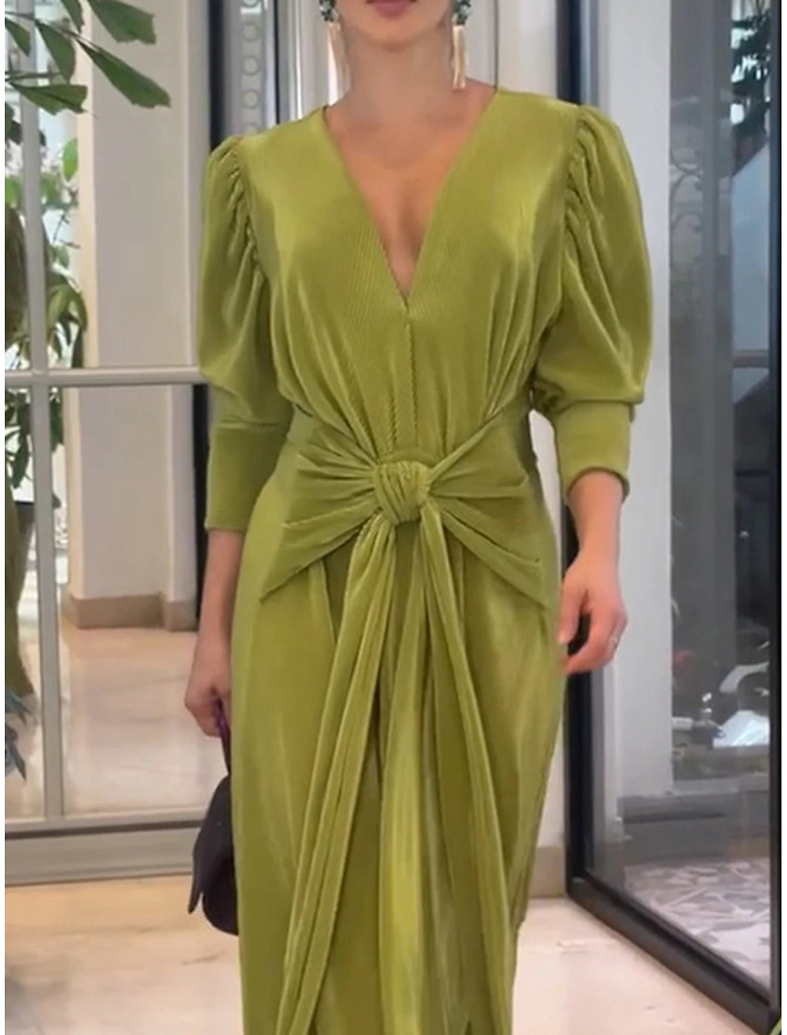 Prom Dress Party Dress V Neck Long Sleeve Green Spring Winter