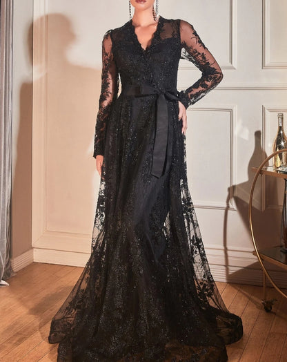 Embellished Long Sleeve Evening Gown Wedding Guest Party Dress