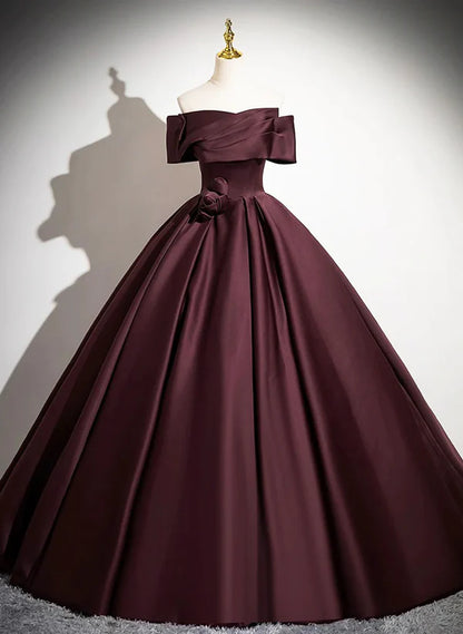 A-Line Princess Ball Gown Maroon Off Shoulder Satin Long  Formal Party Dress Evening Dress