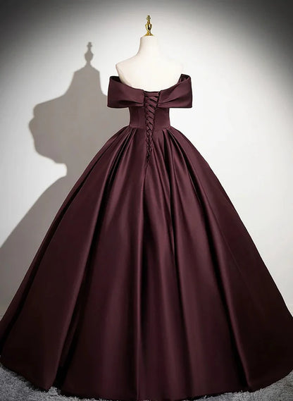 A-Line Princess Ball Gown Maroon Off Shoulder Satin Long  Formal Party Dress Evening Dress