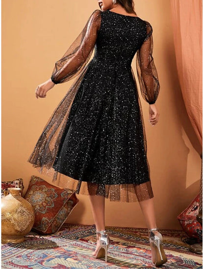 Party Dress Cocktail Dress Mesh Mesh Patchwork V Neck Long Sleeve Midi Dress