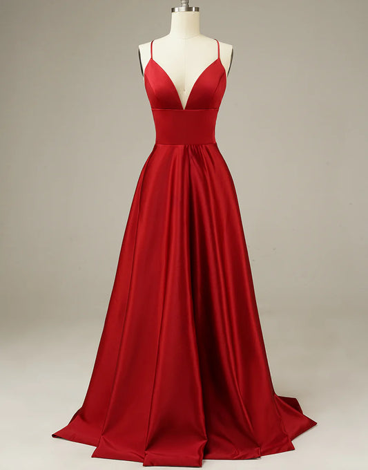 A-Line Simple Long Satin Red Prom Dress Evening Dress