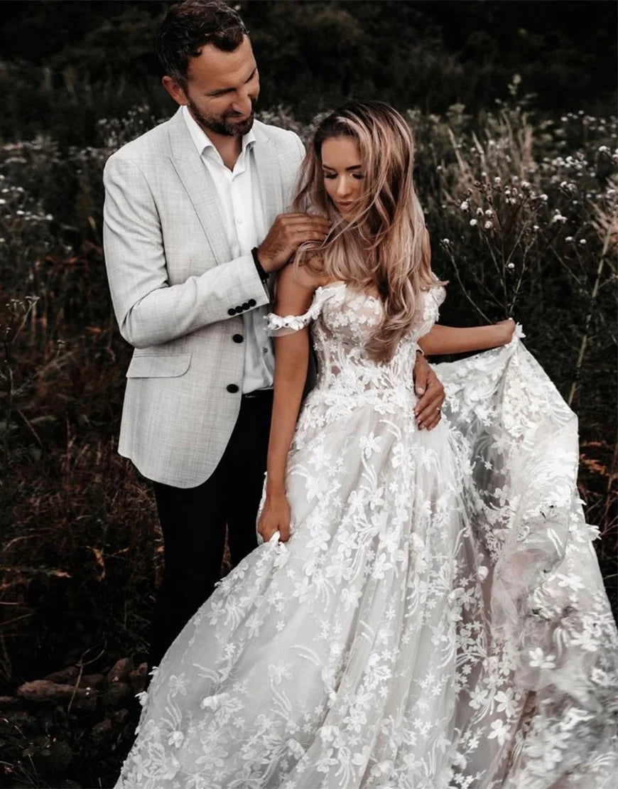 A-Line Off the Shoulder Lace Boho Wedding Dress