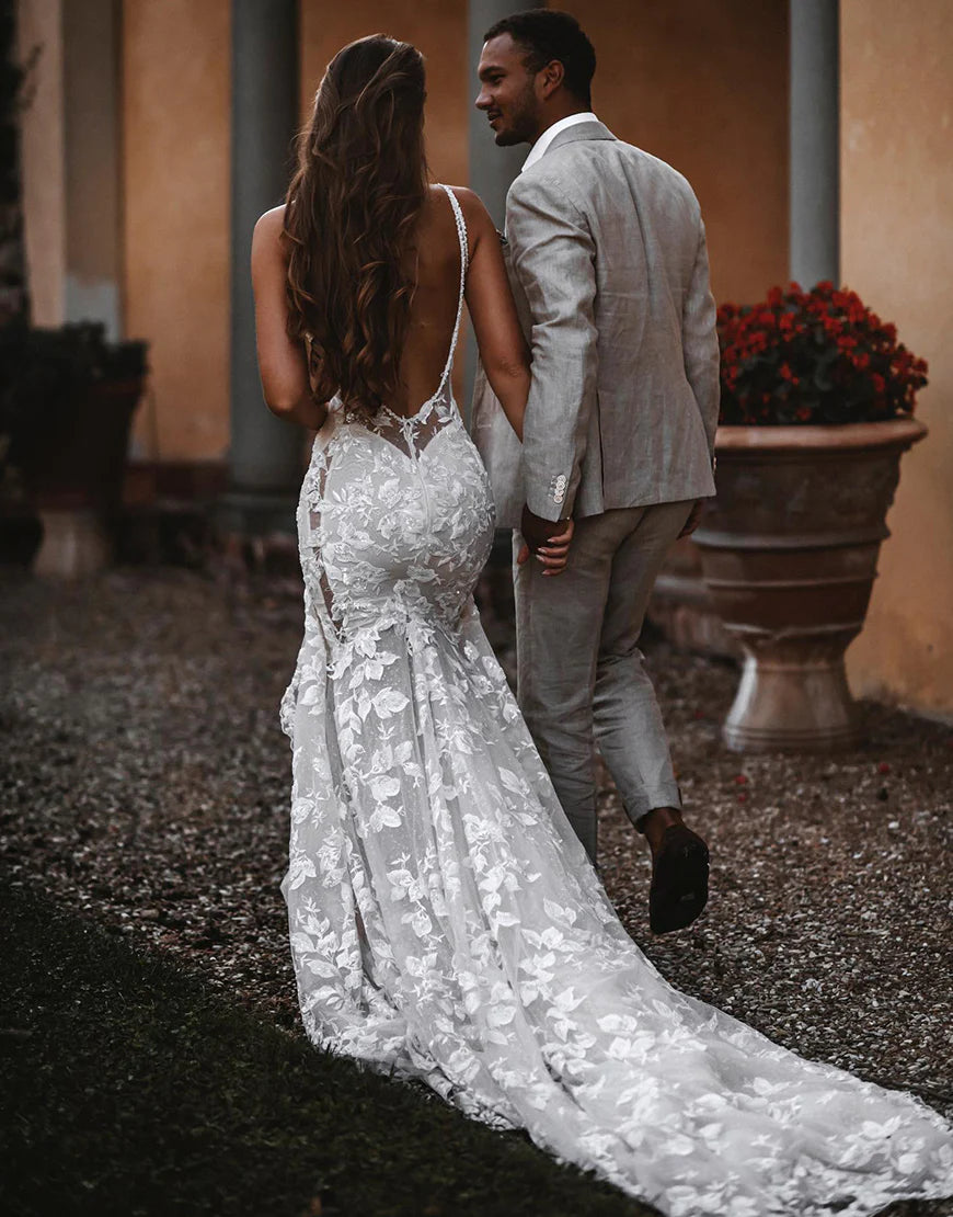 Mermaid Backless Boho Wedding Dress V-neck Dress