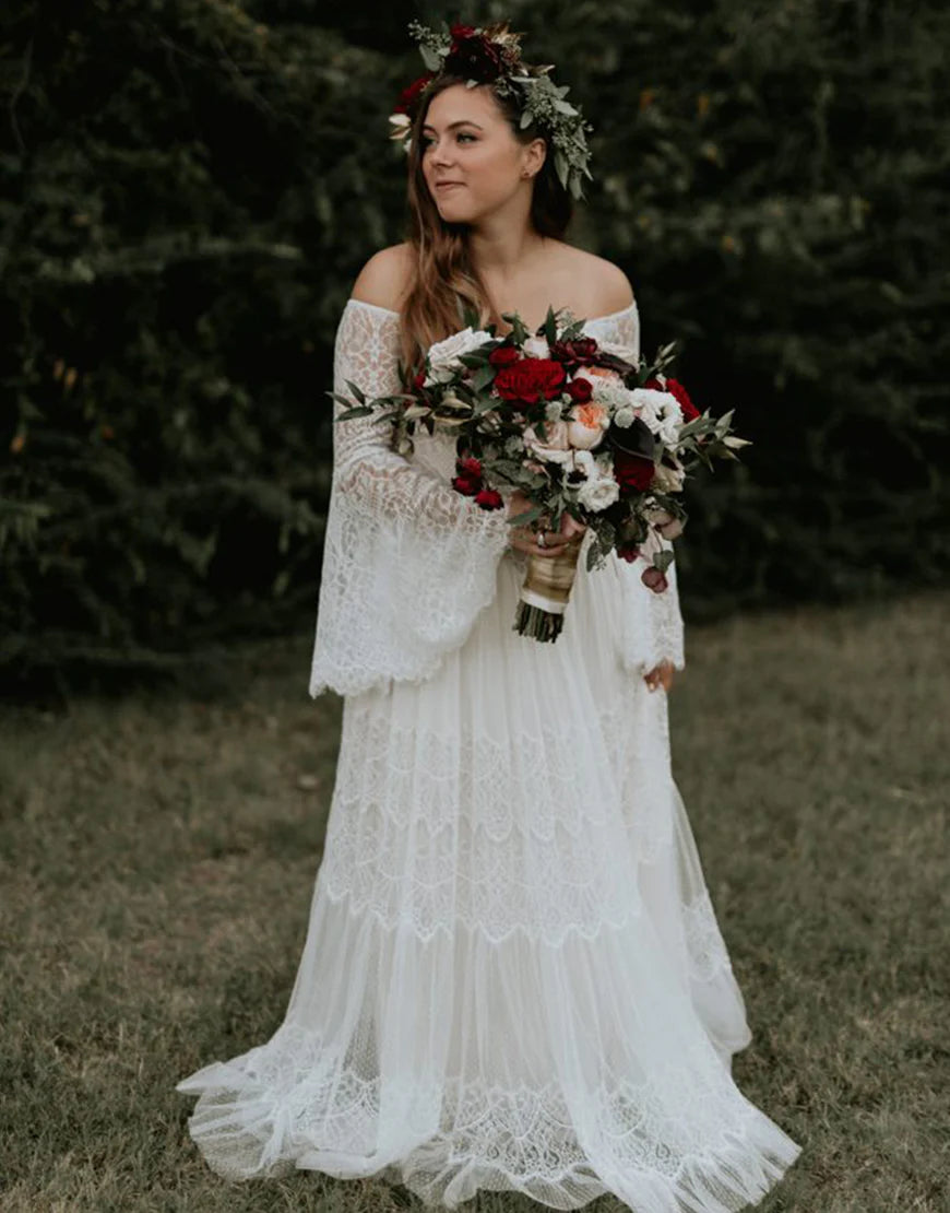 Plus Size Lace Wedding Dress With Pagoda Sleeve