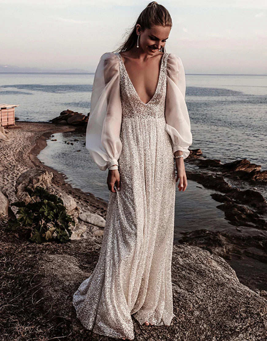 Sequins/Sparkling Deep V-neck Boho Wedding Dress with Sleeves