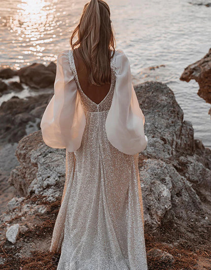 Sequins/Sparkling Deep V-neck Boho Wedding Dress with Sleeves