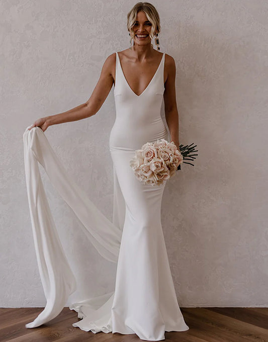 Simple V-Neck Mermaid Bohemian Wedding Dress