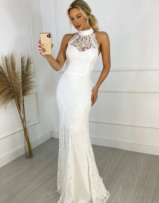 White Sheath Halter Beach Lace Mermaid Wedding Dress