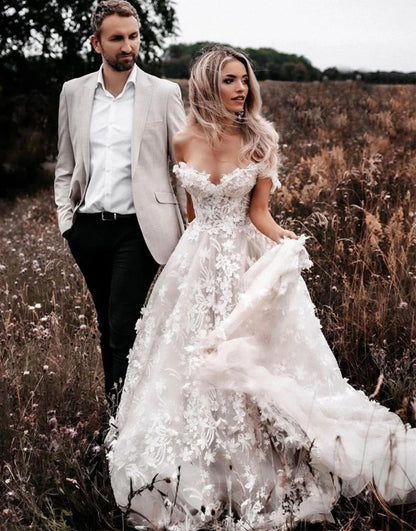 A-Line Off the Shoulder Lace Boho Wedding Dress