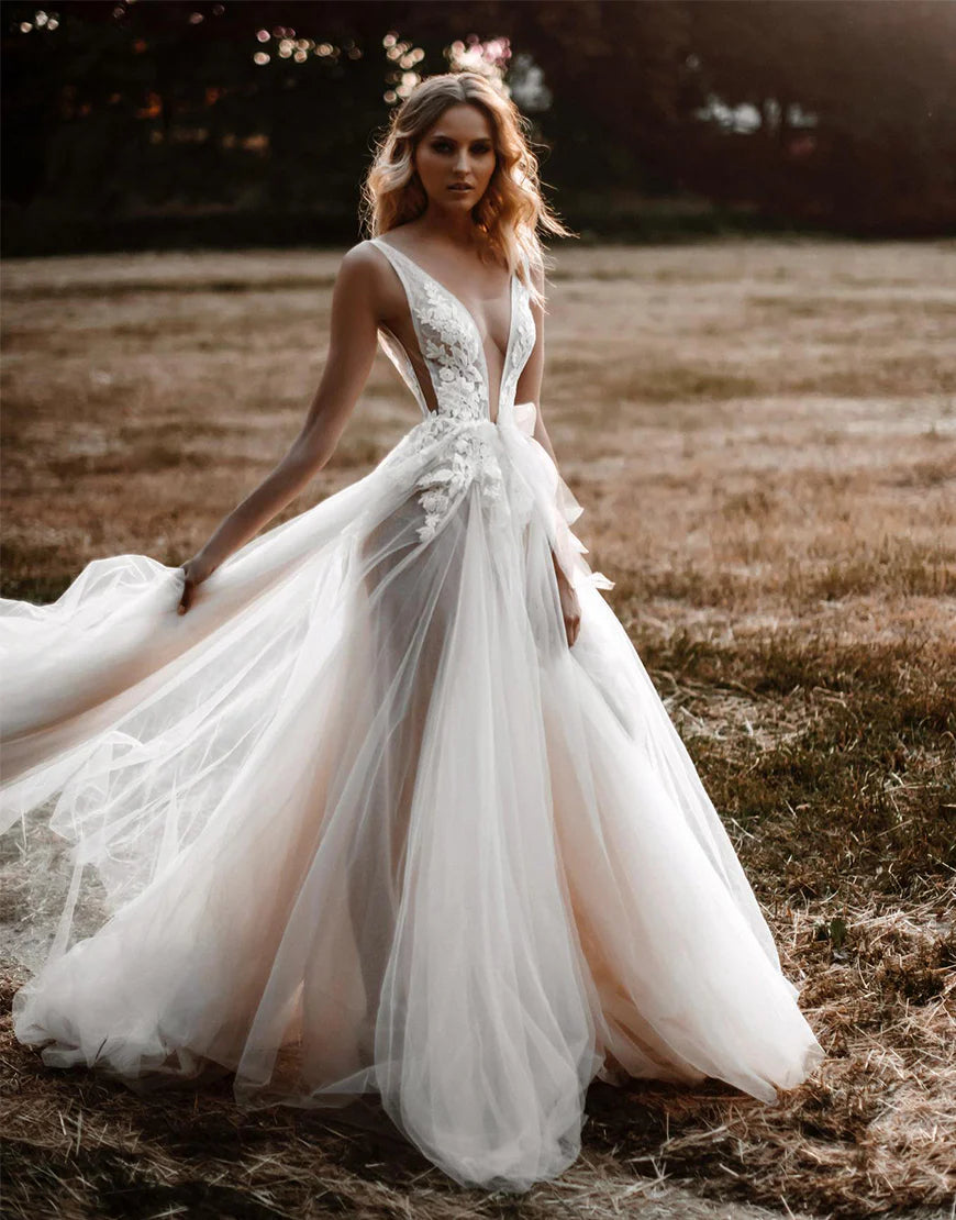 A-line Deep V Backless Tulle Wedding Dress