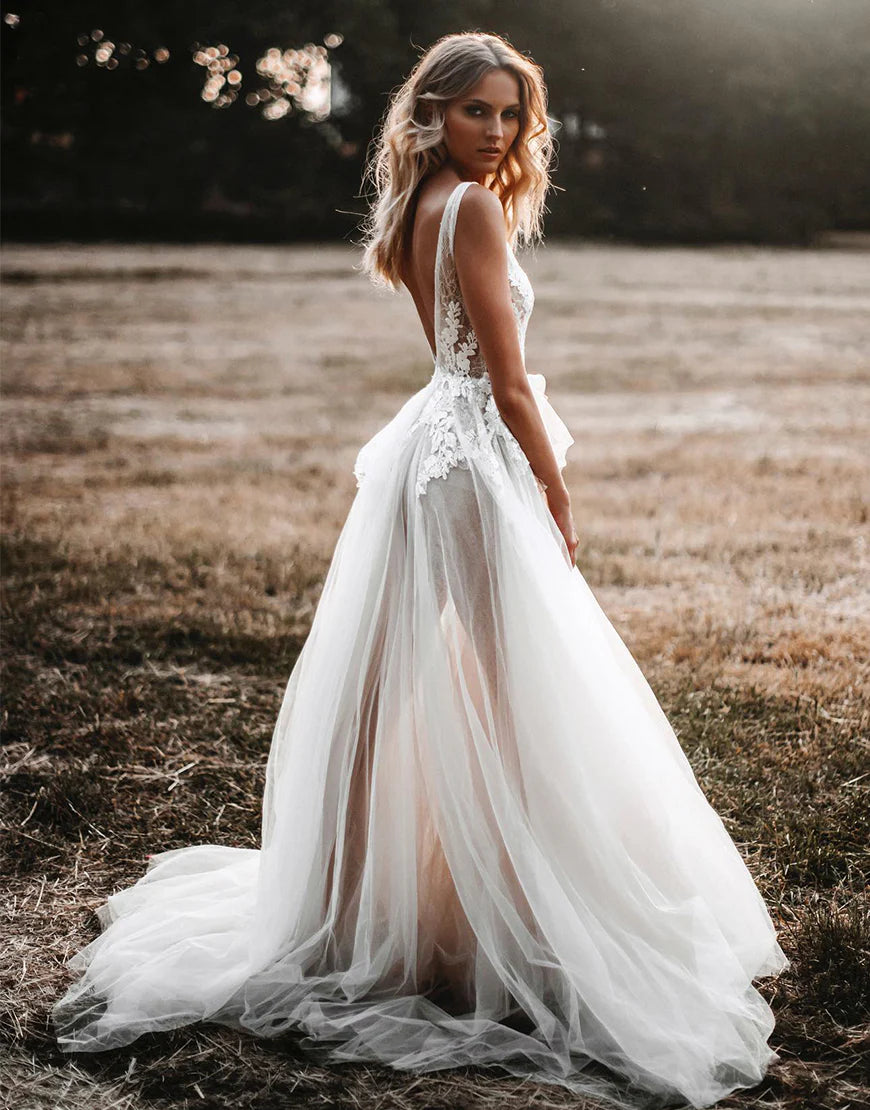 A-line Deep V Backless Tulle Wedding Dress