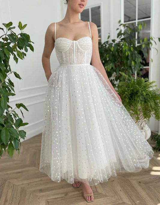 Cute A-Line Sweetheart Tulle White Wedding Dress