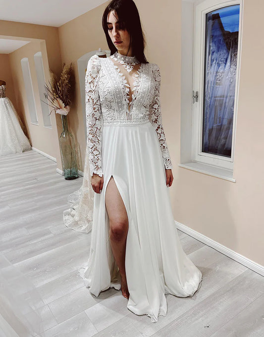 A Line Lace Long Sleeves Wedding Dress Ivory Long Bridal Dress With Slit