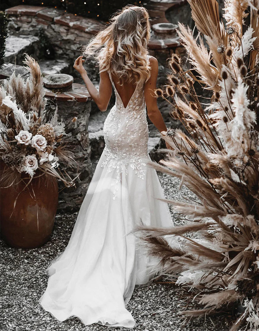 Mermaid V-Neck Wedding Dress with 3D Embroidery