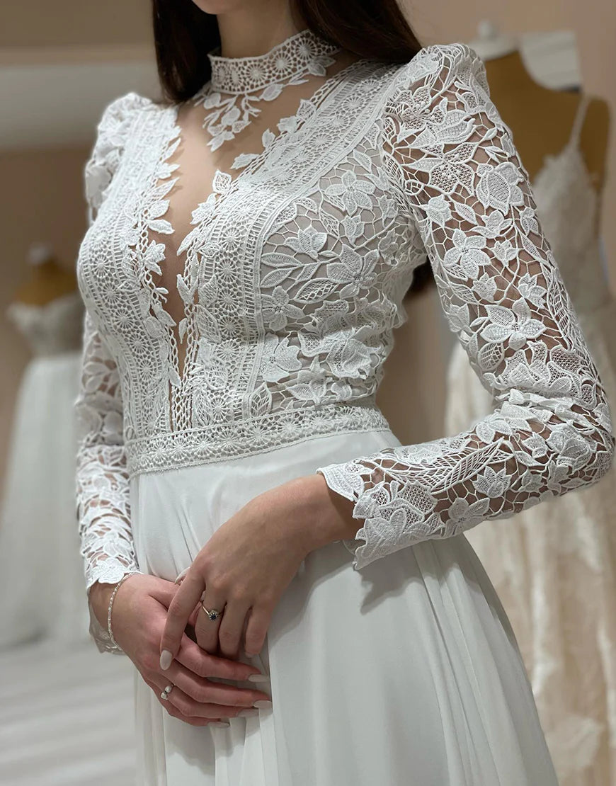 A Line Lace Long Sleeves Wedding Dress Ivory Long Bridal Dress With Slit