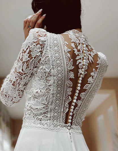 A Line Lace Long Sleeves Wedding Dress Ivory Long Bridal Dress With Slit