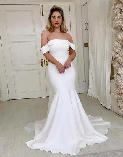 White Off the Shoulder Wedding Dress Court Train Long Bridal Dress