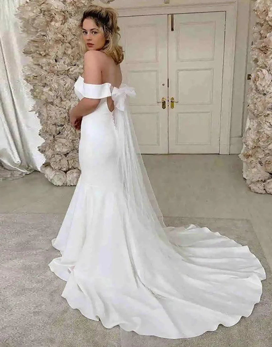 White Off the Shoulder Wedding Dress Court Train Long Bridal Dress