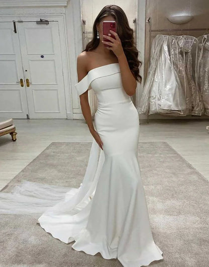 White Off the Shoulder Wedding Dress Court Train Long Bridal Dress