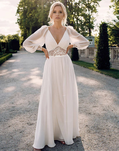 V Neck Long Sleeves A Line Ivory Chiffon Wedding Dress