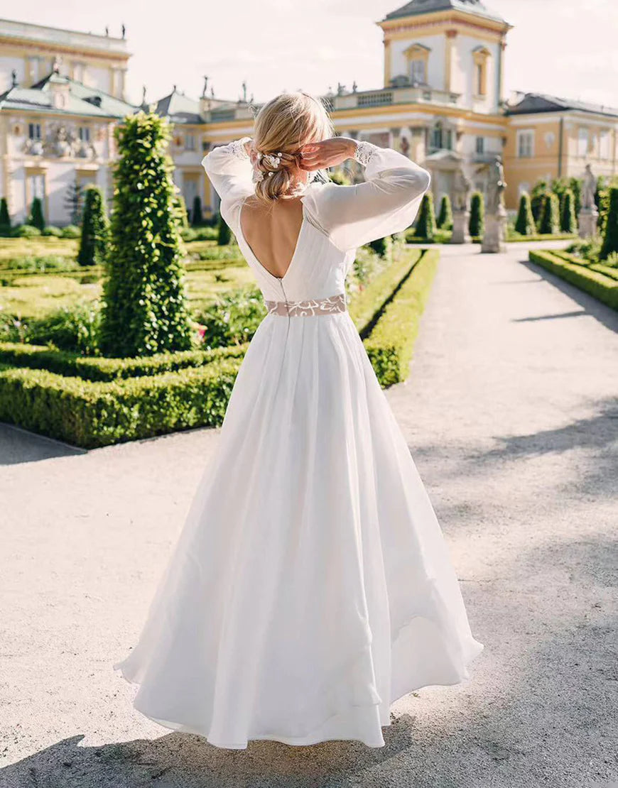 V Neck Long Sleeves A Line Ivory Chiffon Wedding Dress