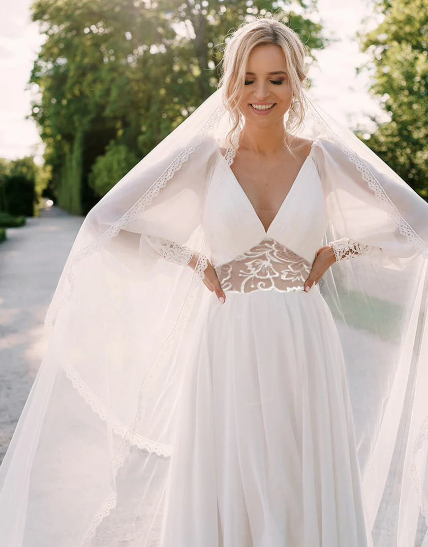 V Neck Long Sleeves A Line Ivory Chiffon Wedding Dress