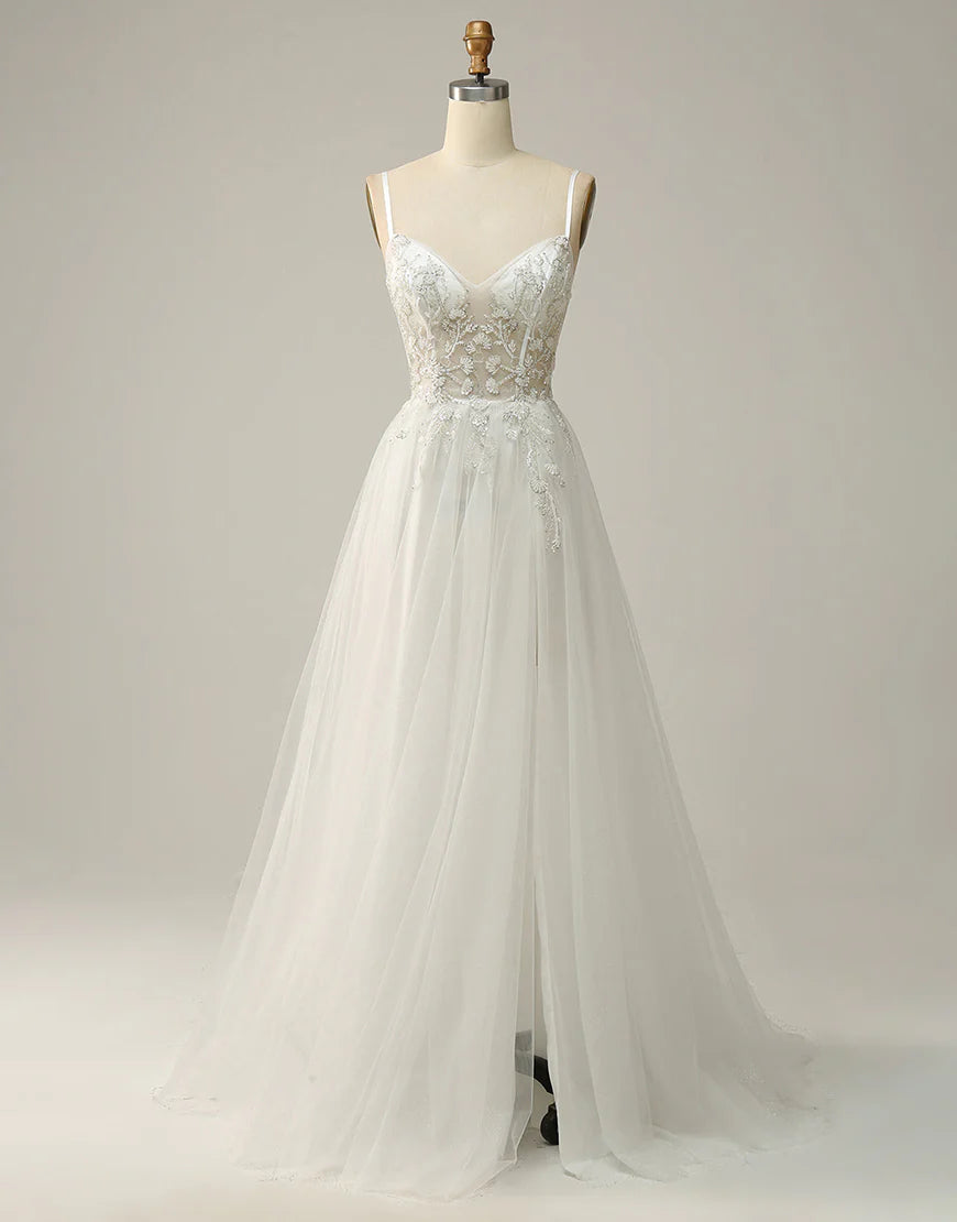 A Line Spaghetti Straps White Long Wedding Dress with Appliques