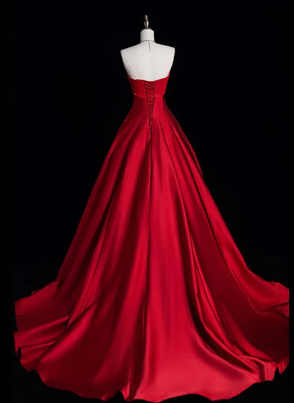 A-Line Princess Ballgown Red Simple Satin Long  Formal Party Dress Evening Dress