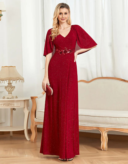 Glitter V-Neck Burgundy Mother of the Bride Dress with Cape