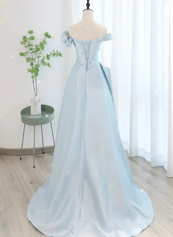 Blue Satin A-line Off Shoulder Long Party Dress with Tulle Blue Evening Dress Prom Dress