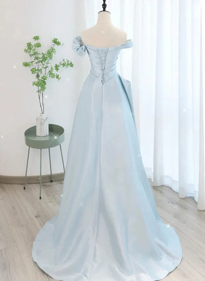 Blue Satin A-line Off Shoulder Long Party Dress with Tulle Blue Evening Dress Prom Dress