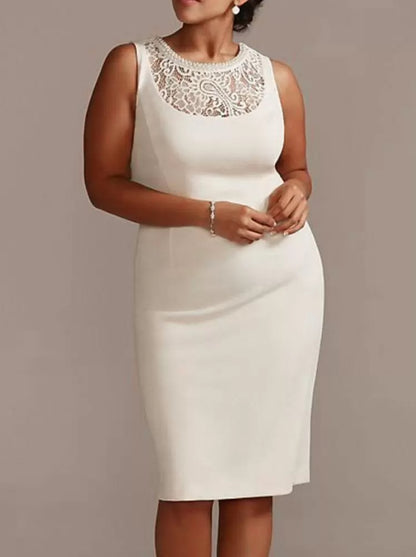 Ivory Lace Satin Half Sleeves Mother of the Bride Dresse Jewel Neck Sleeveless Sheath Short Wedding Guest Dresses